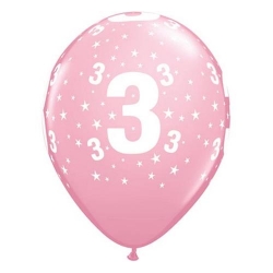 Balony z nadrukiem cyfra 3 różowe 6 szt